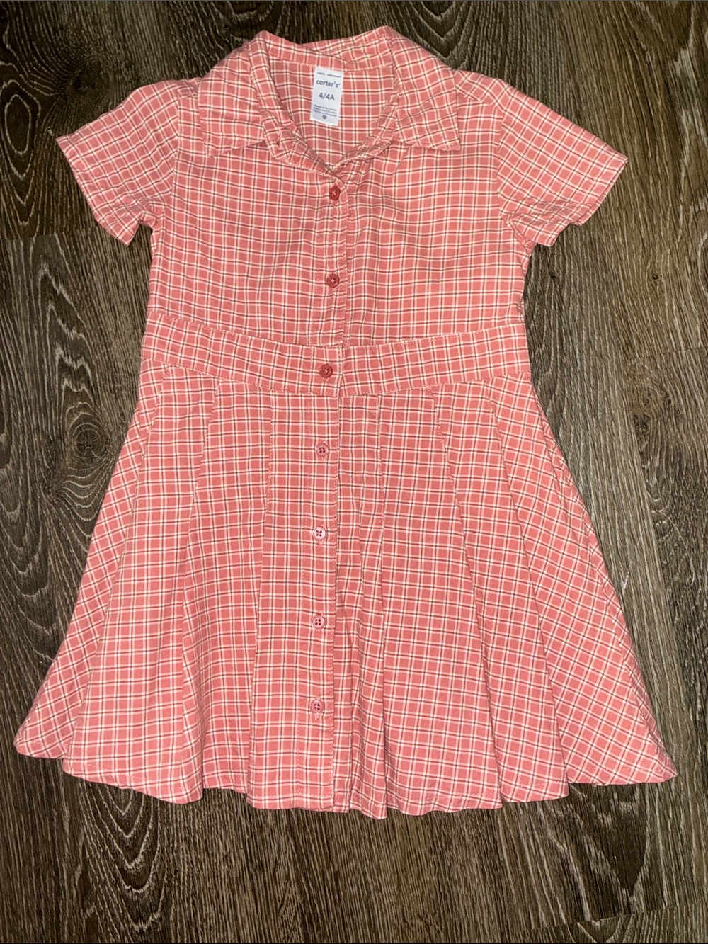 Carter's Coral Pink Plaid Button-Down Girls Dress 4T great condition